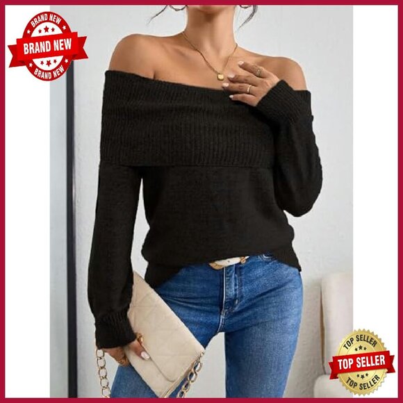 Off Shoulder Chunky Ribbed Knit Pullover Sweater Slim Fit Fall Tops - Picture 3 of 8